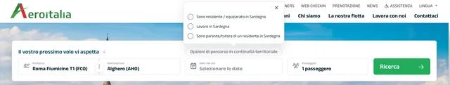 Ricerca voli con le opzioni di percorso in continuità territoriale aperte: sono residente / equiparato in Sardegna, lavoro in Sardegna, sono parente/tutore di un residente in Sardegna