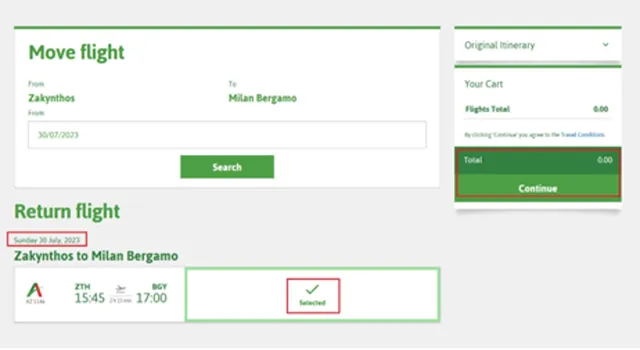 New flight selected, with a total of 0.00 in Your Cart and the Continue button highlighted