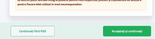Sfârșitul paginii cu condițiile de continuitate teritorială, cu butoanele Continuați fără PSO și Acceptați și continuați