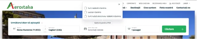 Căutare de zboruri cu opțiunile pentru rutele de continuitate teritorială (PSO) deschise: sunt rezident în Sardinia, lucrez în Sardinia, sunt rudă/tutore al unui rezident din Sardinia