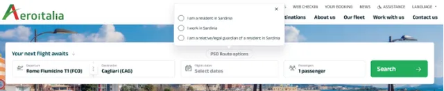 Flight search with the territorial continuity (PSO) route options open: I am a resident in Sardinia, I work in Sardinia, I am a relative or legal guardian of a resident in Sardinia