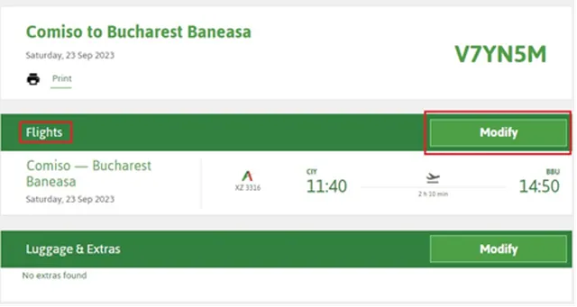 Retrieved booking, with the Modify button in the Flights section highlighted