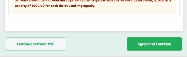End of the territorial continuity conditions page, with the Continue without PSO and Agree and Continue buttons