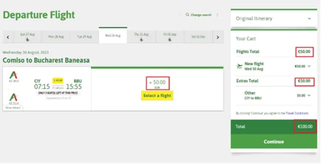 Flight list for the new date, with the fare difference for the selected flight and the new total highlighted in Your Cart