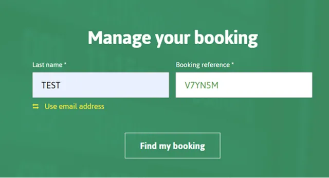 Manage your booking form, with the last name and booking reference filled in and the Find my booking button