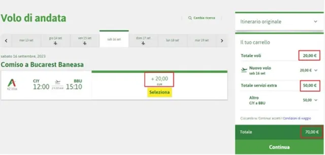 Lista zborurilor pentru noua dată, cu diferența de tarif a zborului ales și noul total din coș evidențiate