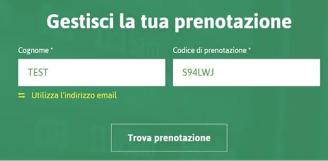 Formularul de gestionare a rezervării, cu numele de familie și codul de rezervare completate și butonul de căutare a rezervării
