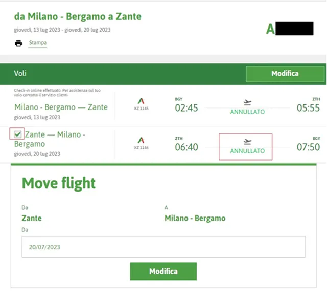 Rezervare cu un zbor anulat selectat și caseta de mutare a zborului deschisă pentru alegerea noii date