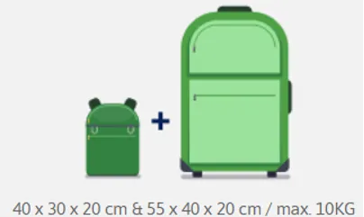 Bagaj mic de mână plus bagaj de mână mare: 40 x 30 x 20 cm și 55 x 40 x 20 cm, până la 10 kg